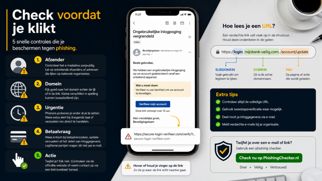 Infographic met controlepunten voordat je op een verdachte link klikt