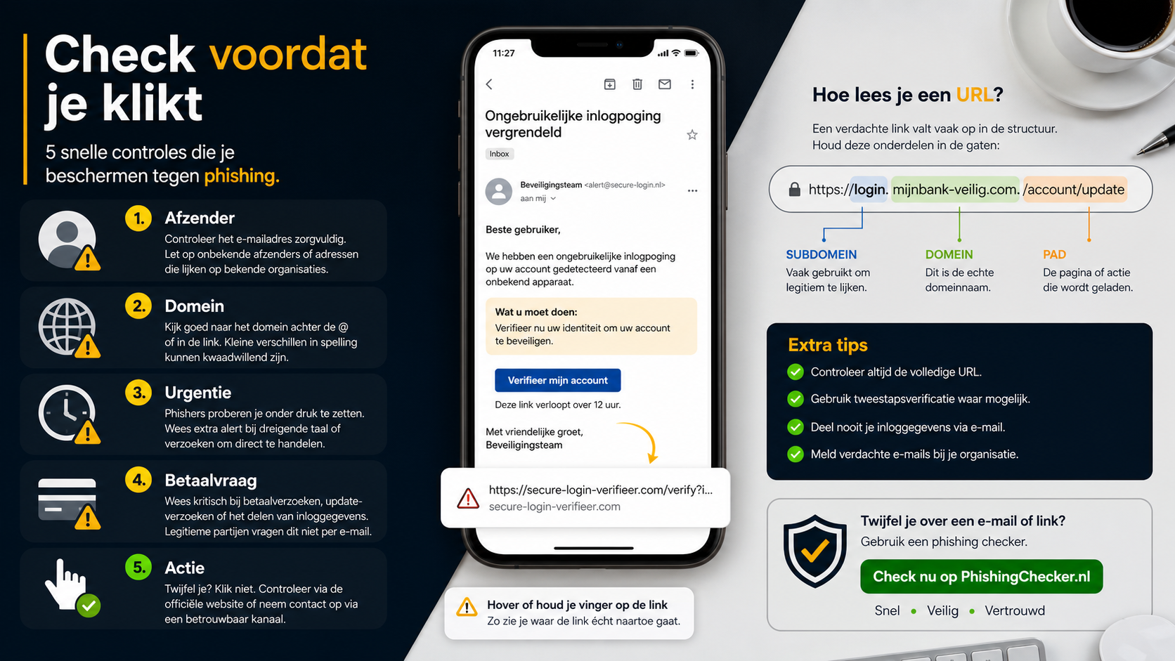 Infographic met vijf controles voordat je op een verdachte link klikt