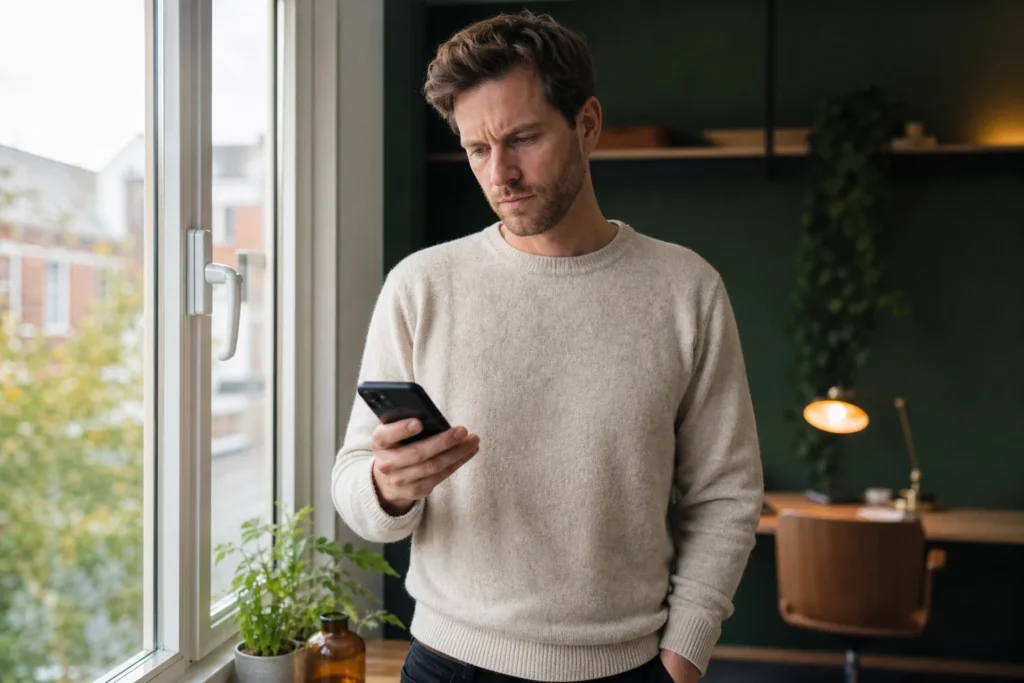Persoon leest aandachtig een e-mail op een telefoon bij het raam, lichte twijfel op het gezicht