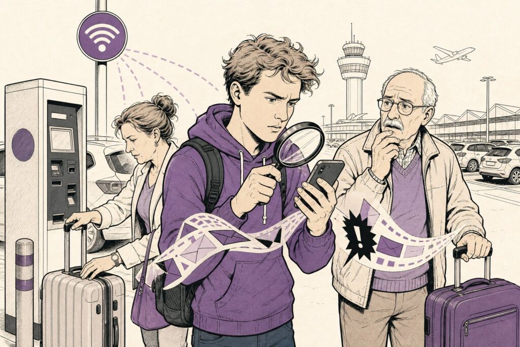 Illustratie: reizigers bij een parkeerautomaat op een luchthaven, een van hen kijkt op zijn telefoon naar een bericht over zijn reservering