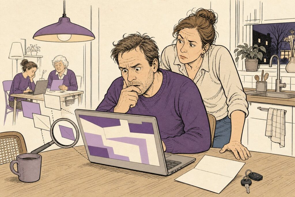 Illustratie: een man aan de keukentafel ziet op zijn laptop de boete van een onbekende, zijn partner kijkt mee.