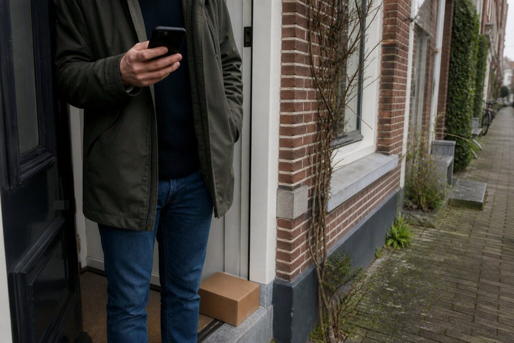 Persoon in de deuropening van een Nederlandse woning kijkt op een smartphone, klein pakketje op de stoep