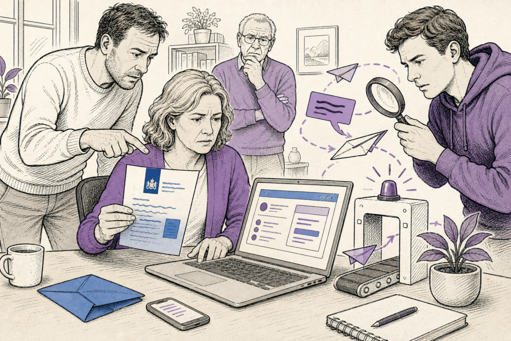 Illustratie: vrouw aan een bureau vergelijkt een blauwe brief met haar bankscherm, een man wijst mee