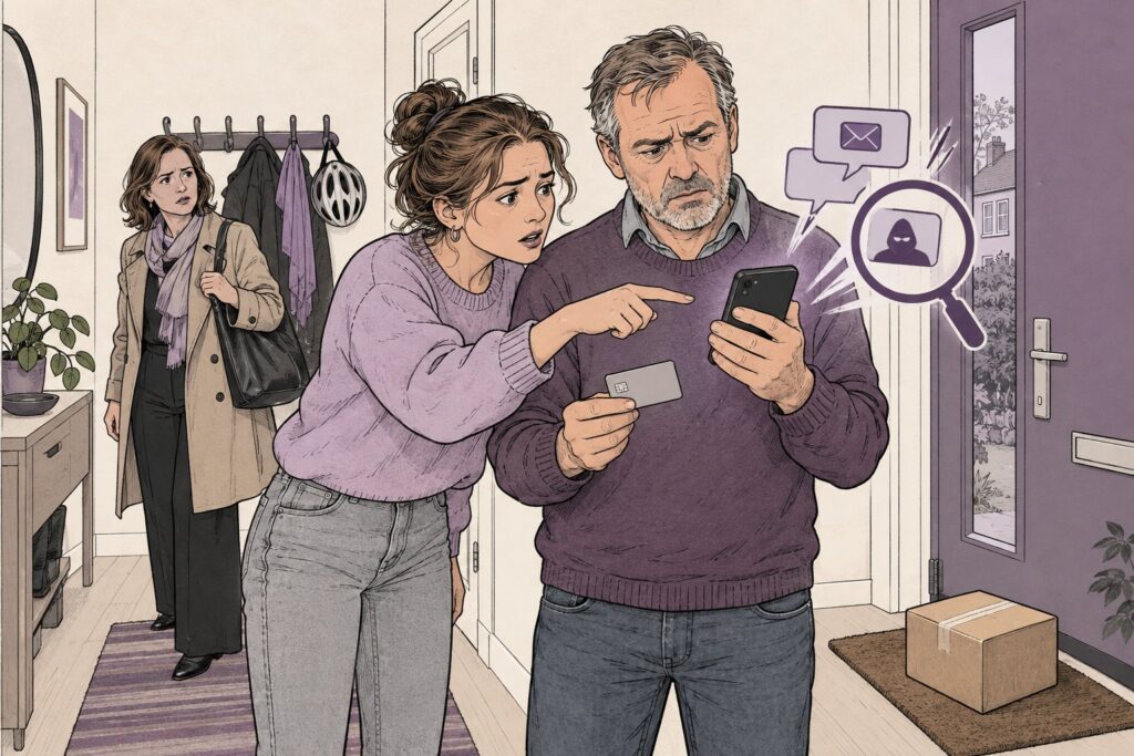 Man in de gang met telefoon en bankpas in zijn hand, een pakketje op de deurmat, zijn dochter wijst bezorgd naar het scherm
