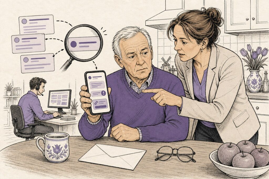 Oudere man aan de keukentafel met een telefoon, zijn dochter wijst naar de afzender van het bericht