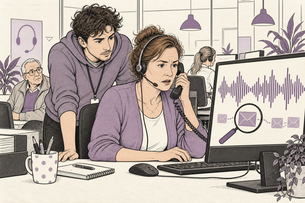 Illustratie van een callcentermedewerkster met headset aan de telefoon terwijl een collega meekijkt op haar scherm