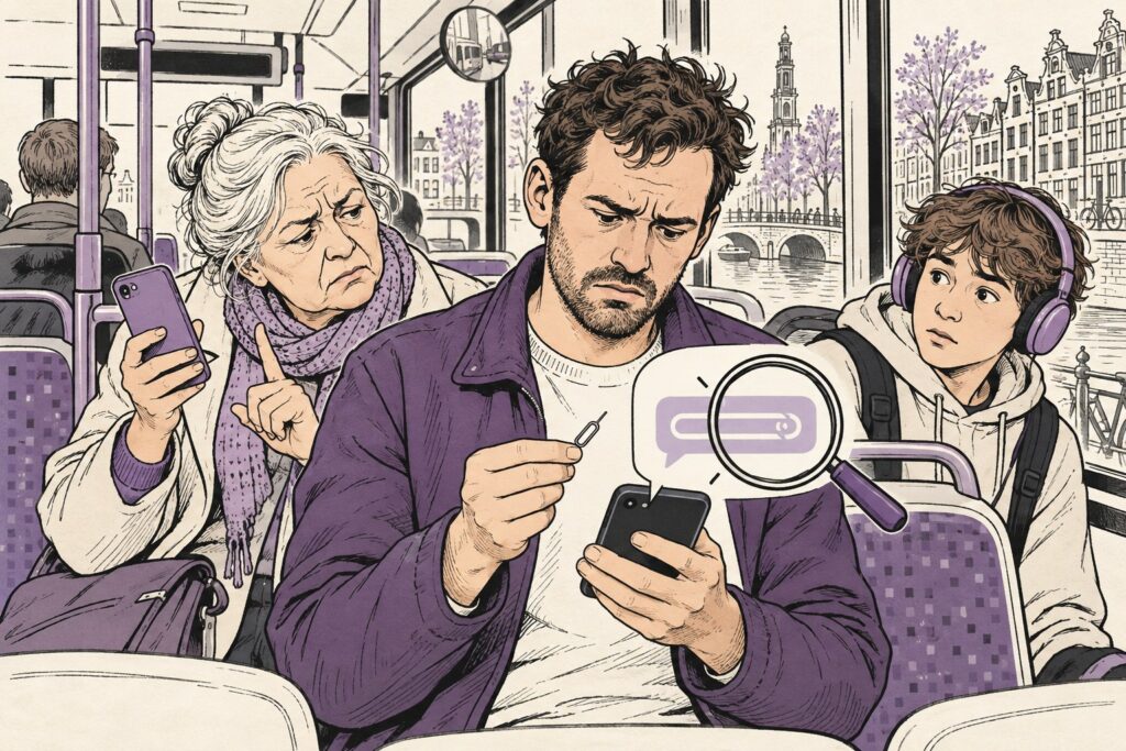 Man in de bus kijkt bezorgd naar een sms op zijn telefoon terwijl een oudere vrouw haar hoofd schudt