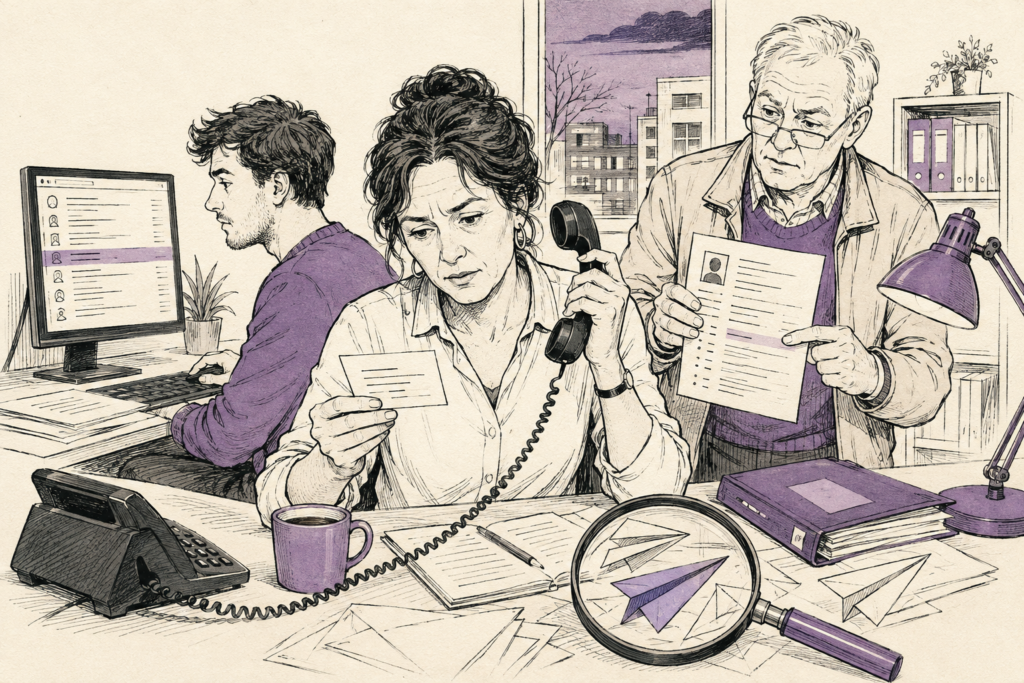 Drie kantoormedewerkers controleren 's avonds een telefoonnummer op een kaartje terwijl een lijst met namen over het scherm scrolt