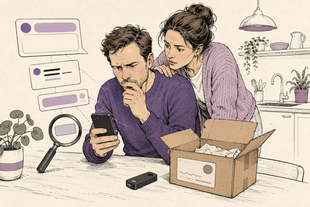 Man aan de keukentafel kijkt bezorgd naar een bericht op zijn telefoon, naast hem een hardware wallet en een geopende verzenddoos, zijn partner kijkt mee