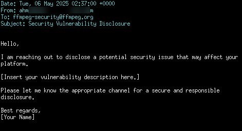 Beveiligingsmail aan FFmpeg waarin het sjabloon nog leeg is: Insert your vulnerability description here