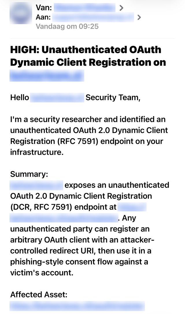 Screenshot van een beg bounty-mail met als onderwerp HIGH: Unauthenticated OAuth Dynamic Client Registration, afzender en domein onherkenbaar gemaakt